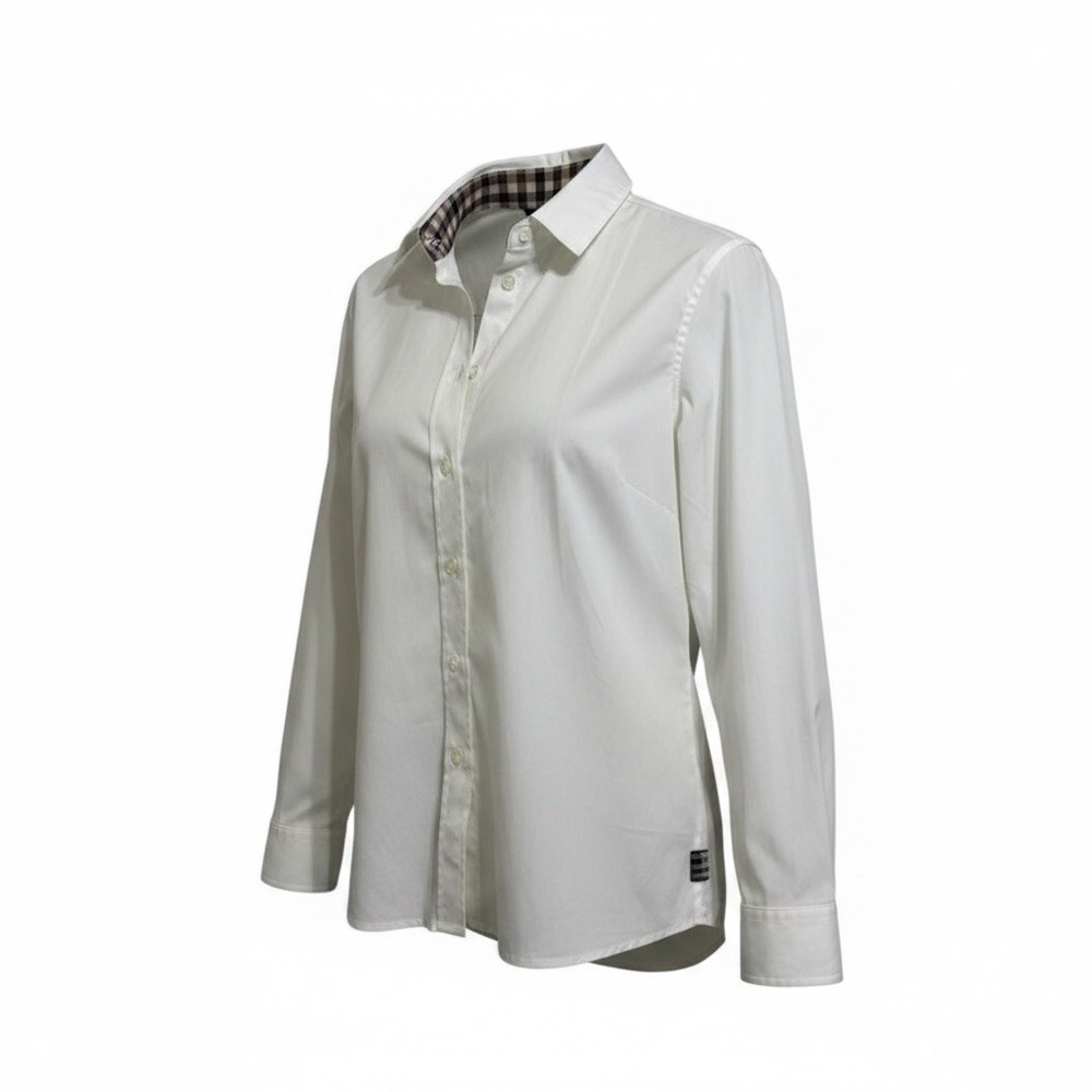 Quiet Luxury Aquascutum White Cotton Club Check Trim Button Down Shirt Size 4